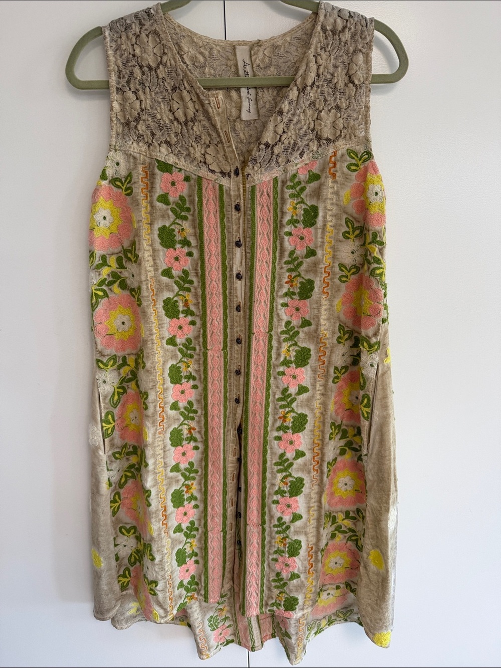 Aratta Lace-Detail Sleeveless Tunic in Beige with Sage Strap
